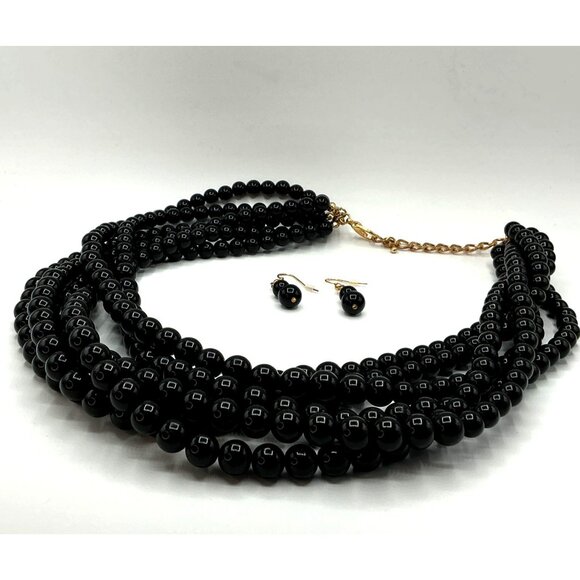 Black Multi-Strand Beaded Necklace & Matching Dangle Earrings Set With Gold-Tone - Picture 2 of 6